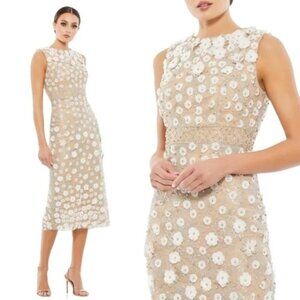 New Mac Duggal 67853 Floral Appliqué Sleeveless Midi Dress Size 4 Ivory Nude